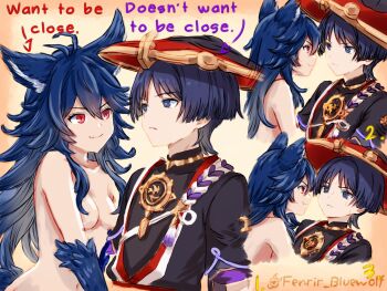 animal_ear_fluff animal_ears antenna_hair arms_at_sides artist_name artist_self-insert bare_shoulders black_bodysuit black_hat black_kimono black_sleeves blue_hair blunt_ends bodysuit breasts closed_mouth collarbone cropped_torso crossover english_text eye_contact eyelashes face-to-face fang fenrir_(shingeki_no_bahamut) fenrir_bluewolf genshin_impact gold gold_trim granblue_fantasy hair_between_eyes hair_over_breasts han'eri hat hetero highres japanese_clothes jewelry jingasa kimono layered_kimono layered_sleeves leaning_back leaning_forward long_hair looking_at_another mandarin_collar mitsudomoe_(shape) neck_ring open_clothes open_kimono parted_bangs purple_eyes purple_hair purple_rope purple_sleeves red_eyes red_hat red_kimono rope scaramouche_(genshin_impact) shimenawa shingeki_no_bahamut short_sleeves skin_fang small_breasts smile spiked_hair tassel tomoe_(symbol) topless_female v-shaped_eyebrows white_kimono white_rope white_trim wolf_ears