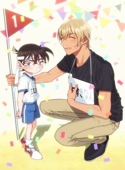 2boys :d ^_^ amuro_tooru arms_behind_back averting_eyes black-framed_eyewear black_footwear black_shirt blonde_hair blue_eyes blue_shorts blush brown_hair brown_pants casual child closed_eyes commentary_request confetti edogawa_conan embarrassed facing_another flag glasses gym_shirt gym_shorts gym_uniform hair_between_eyes happy headband highres holding holding_flag k_(gear_labo) looking_at_viewer looking_away male_focus meitantei_conan multiple_boys name_tag numbered_flag open_mouth pants pennant red_shoes shadow shirt shirt_tucked_in shoes short_hair short_sleeves shorts smile sneakers socks squatting standing translation_request white_background white_headband white_legwear white_shirt