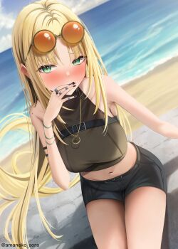1girl absurdres amane_sora beach belt black_belt black_hair black_nails black_shirt black_shorts blonde_hair blue_sky blush breasts cloud covering_own_mouth eyewear_on_head highres hololive hololive_dev_is jewelry koganei_niko large_breasts long_hair looking_at_viewer multicolored_hair nail_polish navel open_mouth outdoors ring sand shirt short_shorts shorts sky solo streaked_hair sunglasses very_long_hair virtual_youtuber water