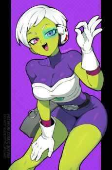 1girl bodysuit breasts cheelai colored_skin dragon_ball dragon_ball_super dragon_ball_super_broly gloves green_skin looking_at_viewer open_mouth pixie_cut purple_bodysuit purple_eyes qewie scouter short_hair solo tinted_eyewear white_gloves white_hair