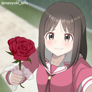 Rule 34 | 1girl, absurdres, artist name, azumanga daioh's school uniform, azumanga daiou, brown eyes, brown hair, commentary request, flower, furrowed brow, highres, holding, holding flower, kasuga ayumu, long hair, long sleeves, looking at viewer, naoyuki arts, parted bangs, photo-referenced, pink serafuku, pink shirt, rose, sailor collar, school uniform, serafuku, shirt, smile, solo, twitter username, winter uniform
