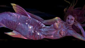 1girl absurdres black_background brown_eyes brown_hair commentary elbow_rest hand_on_own_face hand_on_own_tail highres long_hair looking_at_viewer lying mermaid monster_girl nude on_side original painterly ribs simple_background solo symbol-only_commentary twulfs