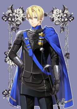 Rule 34 | 1boy, black pants, blonde hair, blue cape, cape, closed mouth, commentary request, dimitri alexandre blaiddyd, fire emblem, fire emblem: three houses, garreg mach monastery uniform, gauntlets, hand on own hip, kero sweet, long sleeves, looking at viewer, male focus, nintendo, pants, short hair, side cape, smile, solo, standing