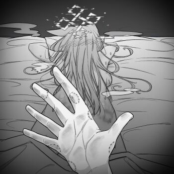 1boy 1girl 743_(743rd_bat) animal_ears bite_mark bite_mark_on_hand blue_archive blush commentary dog_ears greyscale halo hetero kanna_(blue_archive) long_hair lying monochrome on_stomach pov pov_hands solo_focus spanked symbol-only_commentary