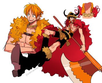 Rule 34 | 2026, 2boys, axe, belt, belt buckle, black boots, black hair, black shorts, boots, braid, buckle, cape, capelet, chest strap, commentary, crossed arms, facial scar, fake horns, full body, fur-trimmed boots, fur cape, fur capelet, fur trim, genderswap, genderswap (ftm), gold choker, half up braid, helmet, highres, holding, holding axe, horned helmet, horns, ki2ri5, looking at viewer, looking to the side, male focus, monkey d. luffy, monkey d. luffy (elbaf), multiple boys, nami (one piece), nami (one piece) (elbaf), official alternate costume, one piece, open mouth, orange hair, pectorals, red cape, scar, scar on cheek, scar on face, short hair, shorts, topless male, twitter username, untranslatable commentary, upper body, wavy hair, white background, yellow capelet