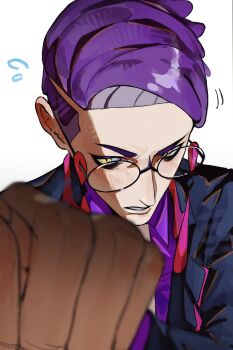 2boys black-framed_eyewear black_jacket blush collared_shirt corbeau_(pokemon) ear_blush glasses hand_size_difference height_difference highres holding_hands jacket looking_at_viewer male_focus multiple_boys necktie nintendo philippe_(pokemon) pokemon pokemon_legends:_z-a portrait pov purple_hair purple_shirt round_eyewear shirt short_hair shu0718 simple_background suit_jacket undercut white_background white_necktie yaoi yellow_eyes