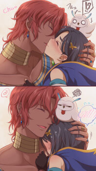 !? 1boy 1girl age_difference black_gloves black_hair blush butterfly_hair_ornament couple dark-skinned_male dark_skin dohalim_(tales) earrings fingerless_gloves gloves hair_ornament hetero highres hootle_(tales) jewelry kiss kurobe_sclock red_hair rinwell_(tales) short_hair split_screen spoken_interrobang tales_of_(series) tales_of_arise