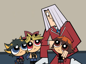 4boys bad_id bad_pixiv_id chiro_(pez777) crossover colored_bangs fudo_yusei hair_over_one_eye male_focus millennium_puzzle multicolored_hair multiple_boys osiris_red_uniform parody pegasus_j_crawford powerpuff_girls streaked_hair style_parody toon_(style) yami_yugi yu-gi-oh! yu-gi-oh!_5d&#039;s yu-gi-oh!_duel_monsters yu-gi-oh!_gx yuki_judai