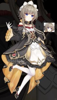 1girl artist_name bad_source bare_shoulders black_dress blue_eyes brown_hair dress frilled_dress frills full_body genshin_impact gloves high_heels highres long_hair long_sleeves looking_at_viewer m_youyu_y maid_headdress pantyhose sandrone_(genshin_impact) sidelocks solo standing standing_on_one_leg watermark white_gloves white_pantyhose wide_sleeves