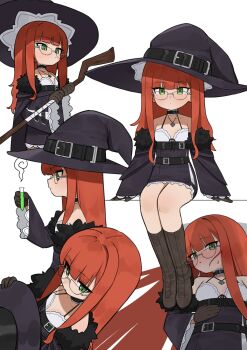 :o bare_shoulders belt black_boots black_choker black_dress black_hat blush boots choker commentary commission detached_sleeves dress english_commentary flasso flat_chest glasses green_eyes hat highres long_hair looking_at_viewer lying multiple_views on_back original potion puffy_sleeves red_hair shadow sitting witch_hat