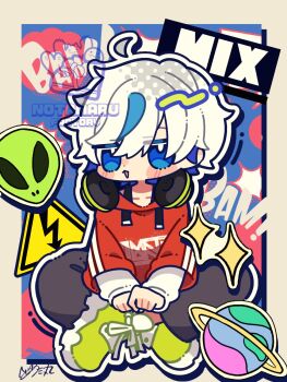 Rule 34 | 1girl, ahoge, black pants, blue eyes, blue hair, blush stickers, border, collarbone, commentary request, dot nose, drawstring, full body, green shoes, hair between eyes, headphones, headphones around neck, highres, hood, hood down, hoodie, layered sleeves, long sleeves, looking at viewer, multicolored hair, notamaru 2, open mouth, original, outline, outside border, pants, red hoodie, shoes, short hair, signature, sitting, sneakers, solo, sparkle, streaked hair, two-tone hair, white border, white outline