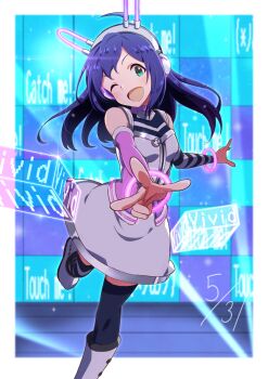 1girl absurdres ahoge animal_ear_headphones animal_ears asymmetrical_legwear asymmetrical_sleeves badge bare_shoulders black_thighhighs blush boots bracelet breasts button_badge cowboy_shot detached_sleeves dress fake_animal_ears gen_(renoir1124) glint green_eyes grey_dress hair_between_eyes happy_birthday headphones highres idolmaster idolmaster_million_live! idolmaster_million_live!_theater_days jewelry laser leg_up long_hair looking_at_viewer mismatched_legwear mismatched_sleeves mochizuki_anna one_eye_closed open_mouth pink_sleeves pixelated purple_hair rabbit_ears reaching reaching_towards_viewer screen sleeveless sleeveless_dress small_breasts smile solo stage standing standing_on_one_leg striped_clothes striped_sleeves striped_thighhighs thighhighs white_boots zettai_ryouiki