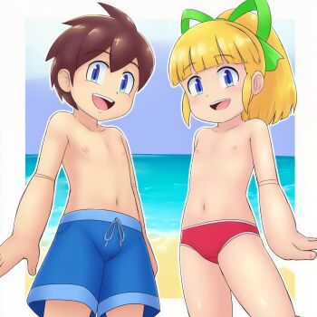1boy 1girl beach bikini blonde_hair blue_sky border brother_and_sister brown_hair cowboy_shot day flat_chest green_ribbon hair_ribbon loli long_hair looking_at_viewer male_swimwear mega_man_(character) mega_man_(classic) mega_man_(series) navel nipples ocean open_mouth ponytail puyopopper red_bikini ribbon robot roll_(mega_man) shota siblings sky smile standing swim_trunks swimsuit topless_female water white_border