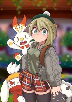 1girl :3 absurdres aqua_eyes black_thighhighs blonde_hair breasts cardigan closed_mouth eyes_visible_through_hair gen_8_pokemon gloria_(pokemon) green_hat green_shirt grey_cardigan hat highres long_sleeves medium_breasts miniskirt nintendo open_cardigan open_clothes plaid_clothes plaid_skirt pleated_skirt pokemon pokemon_(creature) pokemon_swsh rabbit raboot red_skirt sakumochi_(pixiv4431677) scorbunny sheep shirt short_hair skirt solo standing tam_o'_shanter thighhighs thighs v-neck v-shaped_eyebrows wooloo zettai_ryouiki