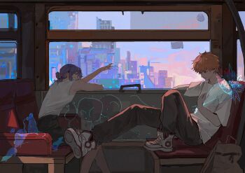 1boy 1girl absurdres backpack bag bare_arms bare_legs black_shorts blonde_hair bouquet brown_bag building chainsaw_man chair chinese_commentary city cityscape commentary dated denji_(chainsaw_man) feet_on_chair flower green_eyes grey_pants highres holding holding_bouquet hologram limit932 mouse_(animal) outstretched_arm pants purple_hair reze_(chainsaw_man) shirt shoes short_hair shorts signature sitting skyscraper sleeveless sleeveless_shirt sneakers t-shirt train train_interior twilight white_shirt white_shoes