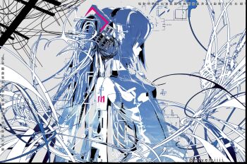 Rule 34 | 1girl, abstract, arched back, blue theme, detached sleeves, expressionless, hatsune miku, highres, limited palette, niyemiiii, profile, solo, translation request, twintails, upper body, vocaloid