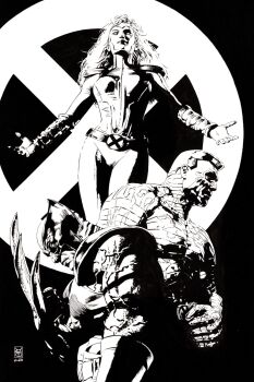 1girl 2025 2boys belt bodysuit claws colossus_(x-men) commentary cowl dark gloves highres jean_grey long_hair marvel metal_skin monochrome multiple_boys muscular muscular_male no_pupils profile superhero_costume valerio_giangiordano veins veiny_arms wolverine_(x-men) x-men