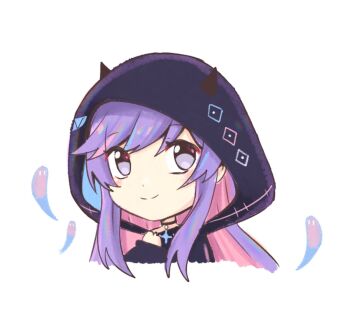 Rule 34 | 1girl, black collar, black horns, borrowed character, choker, choppy bangs, closed mouth, collar, demon horns, ghost, grey eyes, hair through hood, highres, hood, horns, indie virtual youtuber, long hair, looking to the side, multicolored hair, pale skin, sidelocks, simple background, single bare shoulder, sleepybunsu, small horns, smile, swept bangs, thick eyelashes, two-tone hair, virtual youtuber, white background, wolfychu (artist)
