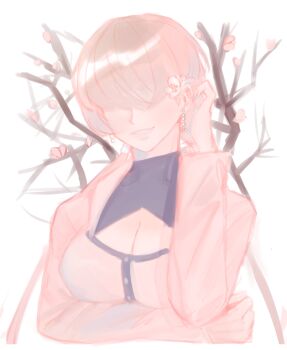 1girl absurdres branch breasts cleavage cleavage_cutout clothing_cutout dan_koflove earrings female_focus flower hair_flower hair_ornament highres jacket jewelry large_breasts long_hair long_sleeves pale_skin ponytail red_hair shermie_(kof) smile the_king_of_fighters tree