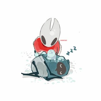 2girls arthropod_girl artist_name ben-day_dots black_eyes blue_cloak cloak closed_eyes commentary fur-trimmed_cloak fur_trim highres hightguy hollow_knight hollow_knight:_silksong hood hood_up hooded_cloak hornet_(hollow_knight) horns looking_at_another lying multiple_girls on_side own_hands_together pinstress_(hollow_knight) red_cloak screentones sleeping snow symbol-only_commentary white_background zzz