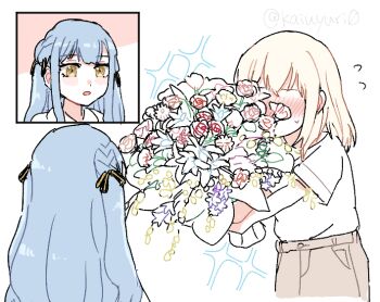 2girls bang_dream! bang_dream!_it&#039;s_mygo!!!!! black_ribbon blonde_hair blue_hair blush bouquet brown_skirt commentary flower flying_sweatdrops hair_ribbon holding holding_bouquet long_hair medium_hair misumi_uika multiple_girls penguinbu ribbon shirt skirt sparkle symbol-only_commentary togawa_sakiko two_side_up white_shirt yellow_eyes yuri