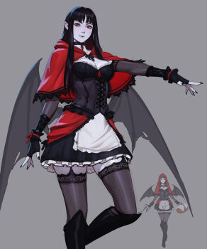 1girl basket black_boots black_choker black_gloves black_hair black_nails black_thighhighs boots breasts capelet choker colored_skin commentary demon_wings detached_sleeves english_commentary fangs fingerless_gloves frills gloves grey_background grey_skin highres holding holding_basket hood hood_down hood_up hooded_capelet knee_boots long_hair long_sleeves looking_at_viewer medium_breasts open_mouth original outstretched_arm pointy_ears red_capelet red_eyes simple_background solo tarakanovich thighhighs vampire wings