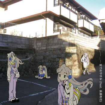 5girls against_wall aiobahn album_cover animal_ears balcony black_eyes black_footwear blue_hoodie blue_skirt blue_vest closed_mouth collared_shirt cover expressionless fake_animal_ears hat headphones high-waist_skirt highres hood hoodie house hugging_own_legs iwashi_iwashimo long_hair long_sleeves looking_up medium_skirt morse_code multicolored_skirt multicolored_vest multiple_girls outdoors pants photo_background pink_hair pink_skirt plaid_clothes plaid_skirt plaid_vest purple_footwear purple_pants purple_ribbon purple_shirt purple_vest ribbon sailor_collar shadow shirt skirt socks song_name squatting standing translation_request twintails very_long_hair vest white_bag white_hat white_sailor_collar white_shirt white_skirt white_socks white_vest