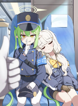 4girls absurdres aoba_(blue_archive) blonde_hair blue_archive commentary_request exhausted female_pov finger_to_mouth garados_(limmjiiiminnn99) gloves green_hair grey_hair halo head_on_another's_shoulder highlander_railway_academy_student_(hg)_(blue_archive) highres hikari_(blue_archive) long_hair missing_halo multiple_girls nozomi_(blue_archive) out_of_frame pantyhose pointy_ears pov shushing siblings sisters sitting thumbs_up twins white_gloves yellow_halo