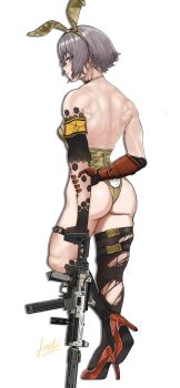 1girl absurdres animal_ear_hairband animal_ears armband back_muscles commission fake_animal_ears fake_tail fos1x from_behind girls&#039;_frontline girls&#039;_frontline_2:_exilium grey_hair gun h&amp;k_ump hairband high_heels highres holding_own_arm leaning_on_weapon looking_at_viewer mechanical_arms muscular muscular_female playboy_bunny rabbit_ear_hairband rabbit_ears rabbit_tail red_shoes scar scar_across_eye scar_on_face shoes signature single_mechanical_arm solo submachine_gun tail thighhighs torn_clothes torn_thighhighs transparent_background ump45_(girls&#039;_frontline) weapon