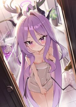 1girl 9nu absurdres after_bathing ahoge bare_shoulders bathtub black_halo black_horns black_wings blue_archive blush breasts cleavage closed_mouth collarbone commentary covered_navel demon_girl demon_horns demon_wings doorway dot_nose hair_between_eyes halo highres hina_(blue_archive) horns indoors loli long_hair long_sidelocks looking_at_viewer low_wings multiple_horns naked_towel parted_bangs plant potted_plant pov_doorway purple_eyes purple_hair rubber_duck sidelocks slit_pupils small_breasts solo split_mouth standing thighs towel very_long_hair wet wings