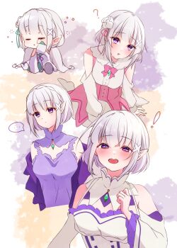! ... 1girl ? absurdres alternate_hair_length alternate_hairstyle blush braid breasts chibi crown_braid dress elf emilia_(re:zero) flower grey_hair hair_flower hair_ornament highres looking_at_viewer multiple_views open_mouth pointy_ears purple_eyes rain_re_a re:zero_kara_hajimeru_isekai_seikatsu ribbon short_hair smile x_hair_ornament