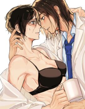 1boy 1girl arm_around_neck black_bra black_hair blue_necktie blue_shirt blush bra breasts brown_hair cleavage collared_shirt couple cup em1607230229543 eren_yeager facial_scar hair_between_eyes hand_in_another&#039;s_hair hetero highres holding holding_cup jacket looking_at_another medium_breasts medium_hair midriff mikasa_ackerman necktie parted_bangs parted_lips scar scar_on_cheek scar_on_face shingeki_no_kyojin shirt shirt_partially_removed short_hair single_bare_shoulder suit_jacket sweatdrop toned toned_female underwear upper_body white_background white_jacket white_shirt