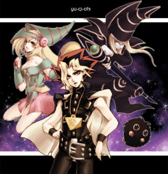 1girl 2boys bare_shoulders beniharu_(kisou) blonde_hair dark_magician dark_magician_girl detached_sleeves duel_monster colored_bangs hat kuriboh long_hair millennium_puzzle multiple_boys muto_yugi staff yami_yugi yu-gi-oh! yu-gi-oh!_duel_monsters