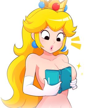 1girl blonde_hair blue_eyes blush boobs_in_book_(meme) breasts cleavage collarbone commentary covering_breasts covering_privates crown earrings elbow_gloves english_commentary gloves handheld_game_console holding holding_handheld_game_console jewelry large_breasts lips long_hair mario_(series) meme navel nintendo nintendo_3ds notice_lines nude nude_cover open_mouth princess_peach simple_background solo sparkle sphere_earrings surprised teasing upper_body vinny_(dingitydingus) white_background white_gloves