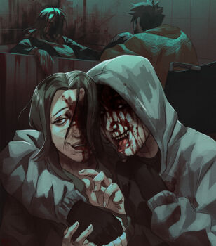 1boy 1girl 2others arm_around_shoulder bags_under_eyes black_gloves black_hair blood blood_from_forehead blood_on_clothes blood_on_face blood_splatter brown_hair commentary crazy_grin cry_of_fear darkriallet english_commentary fingerless_gloves gloves grey_hoodie hand_up highres hood hood_up hoodie looking_at_viewer looking_to_the_side multiple_others short_hair simon_henriksson simon_henriksson_(book) sophie_(cry_of_fear) teeth tongue tongue_out upper_body upper_teeth_only