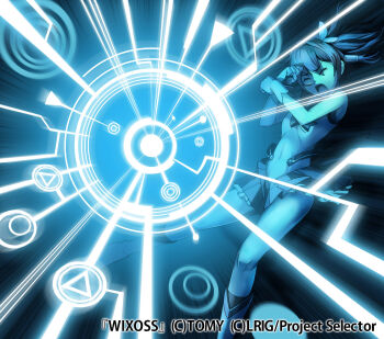 1girl arms_up character_request closed_eyes copyright_notice dress gloves highres kousaku long_hair official_art open_mouth solo twintails white_dress wings wixoss