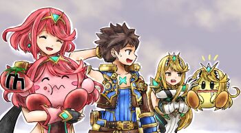 2girls arm_behind_head blonde_hair blush_stickers brown_hair closed_eyes colored_skin core_crystal_(xenoblade) cosplay drooling kicdon kirby kirby_(series) maxim_tomato multiple_girls mythra_(xenoblade) mythra_(xenoblade)_(cosplay) nintendo open_mouth outline pink_skin pyra_(xenoblade) pyra_(xenoblade)_(cosplay) red_hair rex_(xenoblade) super_smash_bros. white_outline xenoblade_chronicles_(series) xenoblade_chronicles_2 yellow_eyes yellow_skin