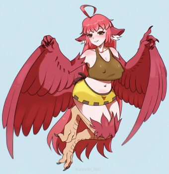 1girl absurdres ahoge animal_ears bird_ears bird_legs bird_tail blush borrowed_character breasts brown_eyes brown_tank_top cleavage coco_(eogks) commentary covered_erect_nipples english_commentary feathers grey_background harpy highres large_breasts long_hair midriff monster_girl navel original plump red_feathers red_hair red_wings simple_background skirt solo tail talons tank_top twitter_username unreal_fish very_long_hair winged_arms wings yellow_skirt