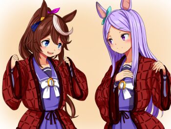 2girls animal_ears blue_eyes brown_hair commentary_request gumakara hair_intakes high_ponytail horse_ears horse_girl horseshoe_ornament mejiro_mcqueen_(umamusume) multicolored_hair multiple_girls open_mouth pleated_skirt ponytail purple_eyes purple_hair purple_serafuku red_robe robe school_uniform serafuku skirt smile streaked_hair tokai_teio_(umamusume) tracen_school_uniform two-tone_hair umamusume white_hair wide_sleeves