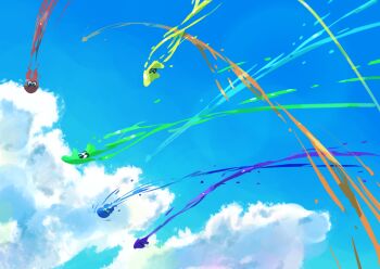 animal animal_focus black_eyes blue_sky closed_eyes cloud day inkling inkling_(swim_form) inkling_player_character koike3582 nintendo no_humans octoling octoling_(swim_form) octoling_player_character octopus outdoors rainbow_order sky splatoon_(series) squid