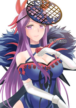 1girl bare_shoulders breasts cleavage fascinator fire_emblem fire_emblem_engage highres ivy_(fire_emblem) large_breasts long_hair looking_at_viewer nintendo potato0805 purple_eyes purple_hair solo