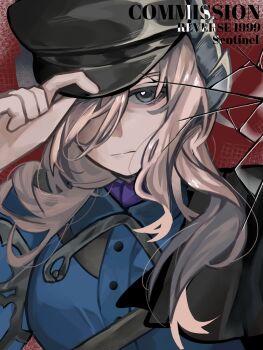 Rule 34 | 1girl, :|, adjusting clothes, adjusting headwear, airtree, black cape, black hat, blue jacket, broken glass, cape, character name, closed mouth, commission, glass, hair ornament, hair over one eye, hand on headwear, hand up, hat, highres, jacket, long hair, looking at viewer, military uniform, red background, reverse:1999, sentinel (reverse:1999), side cape, solo, upper body