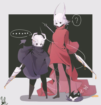 ... 1boy 1girl ? absurdres arthropod_boy arthropod_girl black_cloak black_eyes black_gloves black_scarf blood breasts brown_footwear cloak closed_eyes closed_mouth coiled_nail_(hollow_knight) colored_blood colored_skin covered_mouth dripping gloves hair_between_eyes highres holding holding_polearm holding_spear holding_sword holding_weapon hollow_knight hornet_(hollow_knight) horns humanization knight_(character) knight_(hollow_knight) liquid looking_down mooofoo nail_(hollow_knight) needle_(hollow_knight) polearm scarf short_hair sketch sleeping spear speech_bubble standing sword two-tone_background weapon white_hair white_skin yellow_blood zzz