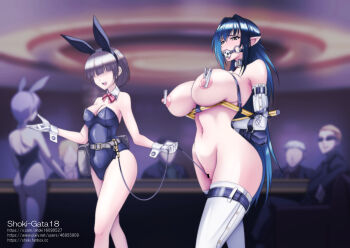 3girls annerose_vajra arms_behind_back ball_gag bar_censor bdsm bitch_taken_for_walk blue_hair blush bondage bound breasts brown_eyes censored clitoris_leash collar elbow_gloves female_focus femdom gag gagged gloves highres humiliation indoors koutetsu_no_majo_anneroze large_breasts long_hair multiple_girls navel nipple_clamps nipples nude playboy_bunny pointy_ears shoki-gata18 slave thighhighs walking white_gloves white_thighhighs