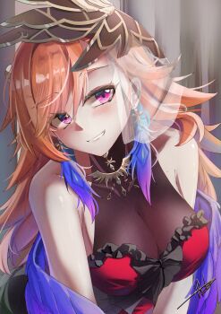 1girl absurdres armpit_crease bare_shoulders blush breasts cleavage dress earrings feather_earrings feathers hair_ornament highres hololive hololive_english jewelry large_breasts lichael official_alternate_costume orange_hair purple_eyes red_dress see-through_cleavage see-through_clothes signature solo takanashi_kiara takanashi_kiara_(party_dress) upper_body virtual_youtuber