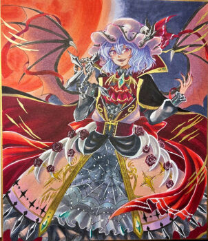 1girl alternate_costume ascot back_bow bat_wings black_cape blue_hair blush bow brooch cape chain commentary_request cross fingernails full_moon gold_trim grey_skirt halloween halloween_costume hat hat_ornament hat_ribbon holding holding_cross jewelry long_fingernails long_sleeves looking_at_viewer mitsu~ mob_cap moon night night_sky open_mouth print_skirt red_ascot red_bow red_cape red_eyes red_moon red_nails remilia_scarlet ribbon skeletal_clothes skirt skull_hat_ornament sky smile solo spider_web_print touhou traditional_media two-sided_cape two-sided_fabric wings