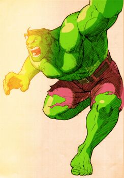 Rule 34 | 1boy, absurdres, angry, barefoot, bengus, capcom, colored skin, facing to the side, game cg, green skin, highres, hulk, male focus, marvel, marvel vs. capcom, marvel vs. capcom 2, muscular, muscular male, non-web source, open mouth, outstretched arms, short hair, sidelighting, solo, teeth, torn clothes, veins, veiny arms