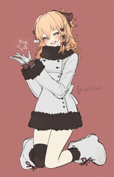 1girl alternate_hairstyle asymmetrical_legwear blonde_hair blush boots braid buttons coat double-breasted eyeliner fluffy_clothes genshin_impact gloves hair_down hair_ornament hair_ribbon highres kneehighs kneeling makeup medium_hair mismatched_legwear multiple_hair_ribbons orange_eyes pom_pom_(clothes) red_background red_eyeliner red_ribbon ribbon signature simple_background single_kneehigh single_sock single_thighhigh smile socks solo star_(symbol) tamaya_yoi thighhighs white_boots winter_clothes winter_coat yoimiya_(genshin_impact)