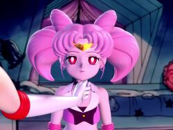 2girls 3d animated bishoujo_senshi_sailor_moon chibi_usa choker cone_hair_bun crossed_arms dazed earrings elbow_gloves emerald_lazers expressionless female_focus gloves hair_bun hand_on_another's_cheek hands_on_own_hips interior jewelry loli looking_at_viewer magical_girl mind_control multiple_girls navel pink_hair pov red_eyes sailor_chibi_moon slapping snapping_fingers sound standing standing_at_attention tagme tiara tsundere twintails video white_gloves