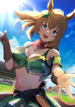 1girl :d absurdres akinonohara animal_ears bandeau bare_shoulders belt blue_eyes blue_sky blurry blurry_background blush breasts brown_belt brown_gloves brown_hair cleavage colt_single_action_army commentary_request cowboy_hat cowboy_shot day elbow_gloves gloves green_bandeau green_skirt gun hair_between_eyes hair_ornament handgun hat hat_on_back highres holstered horse_ears horse_girl horse_tail large_breasts long_hair looking_at_viewer midriff miniskirt navel open_mouth outdoors ponytail purple_thighhighs reaching reaching_towards_viewer red_scarf revolver scarf shadow sheriff_badge sidelocks skindentation skirt sky smile solo standing star_(symbol) star_hair_ornament sun taiki_shuttle_(umamusume) tail thighhighs umamusume weapon zettai_ryouiki